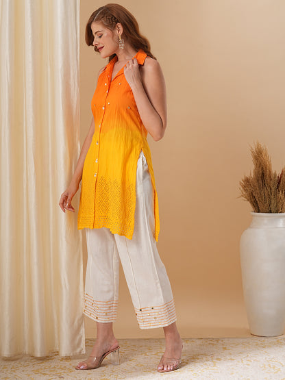 Orange & Yellow Ombre Dyed Sequin Highlighted Straight Fit Kurta with Palazzo - Orange