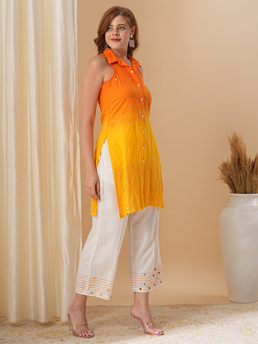 Orange & Yellow Ombre Dyed Sequin Highlighted Straight Fit Kurta with Palazzo - Orange