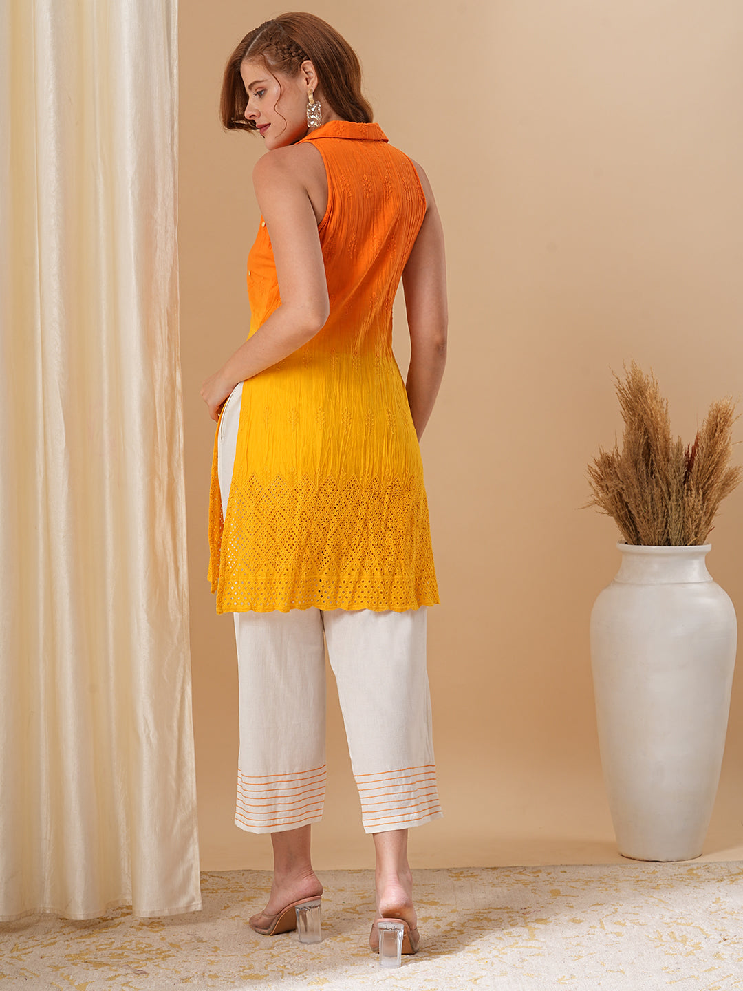 Orange & Yellow Ombre Dyed Sequin Highlighted Straight Fit Kurta with Palazzo - Orange