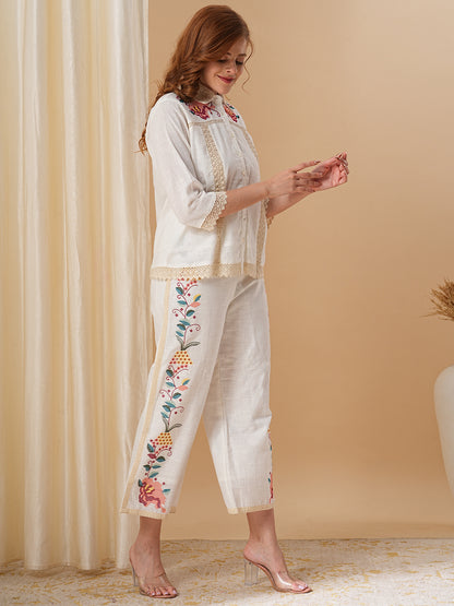 Floral Cross Stitch Embroidered Straight Fit Co-ord Set - Off White