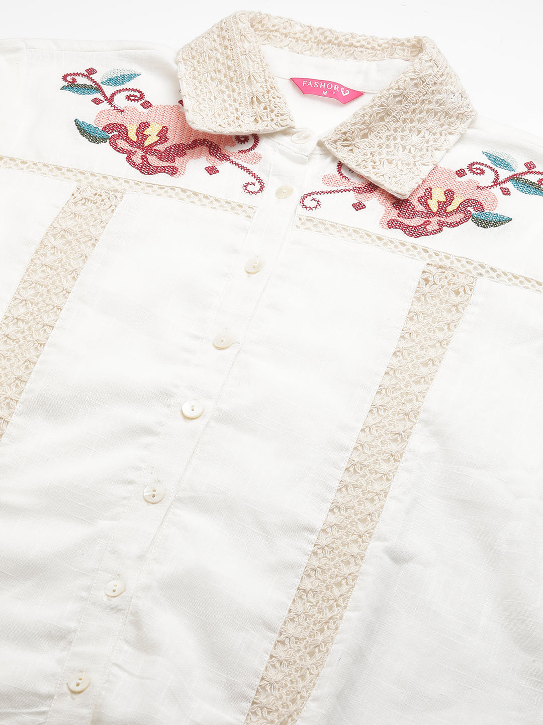 Floral Cross Stitch Embroidered Straight Fit Co-ord Set - Off White