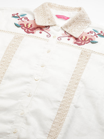 Floral Cross Stitch Embroidered Straight Fit Co-ord Set - Off White