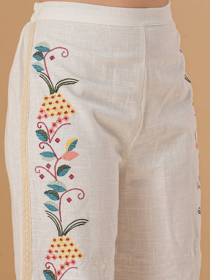 Floral Cross Stitch Embroidered Straight Fit Co-ord Set - Off White