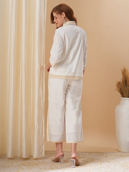 Floral Cross Stitch Embroidered Straight Fit Co-ord Set - Off White