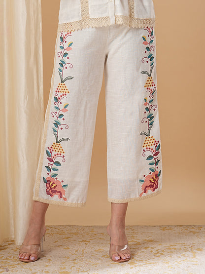 Floral Cross Stitch Embroidered Straight Fit Co-ord Set - Off White