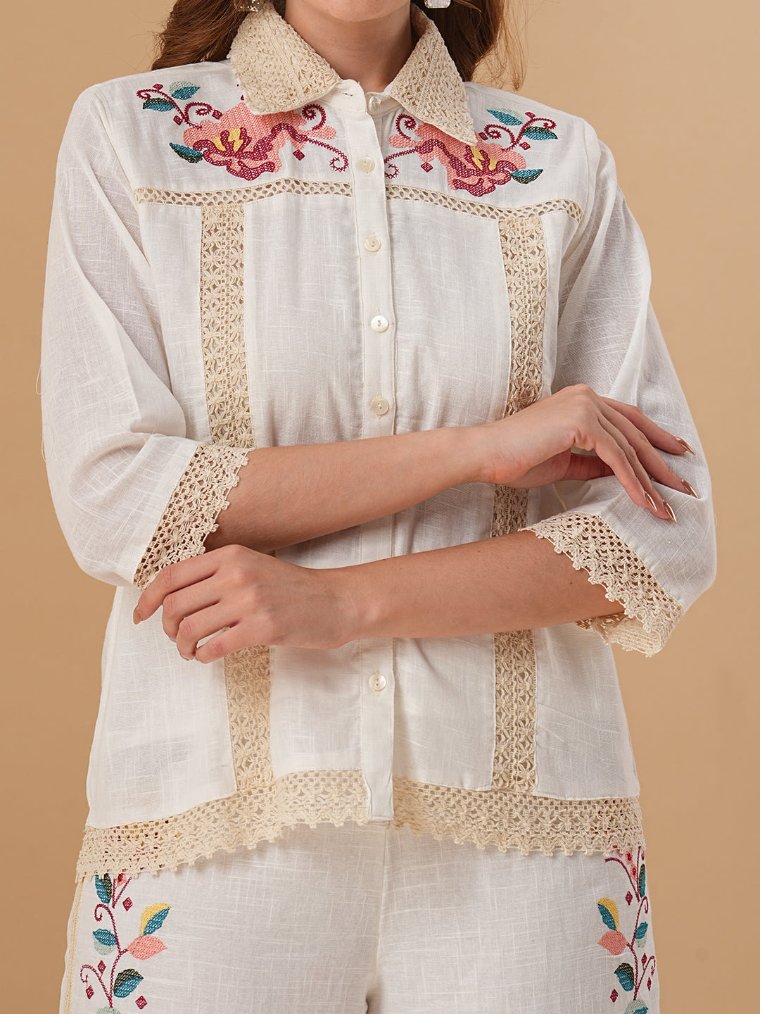 Floral Cross Stitch Embroidered Straight Fit Co-ord Set - Off White