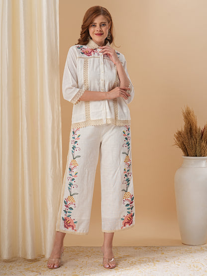 Floral Cross Stitch Embroidered Straight Fit Co-ord Set - Off White