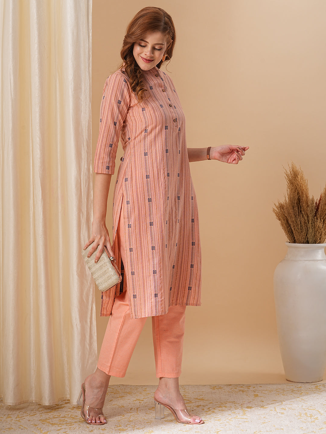 Ethnic Stripes Woven Straight Fit Kurta with Pant - Peach