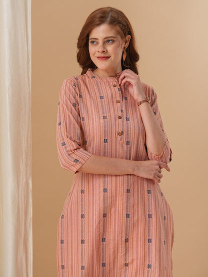 Ethnic Stripes Woven Straight Fit Kurta with Pant - Peach