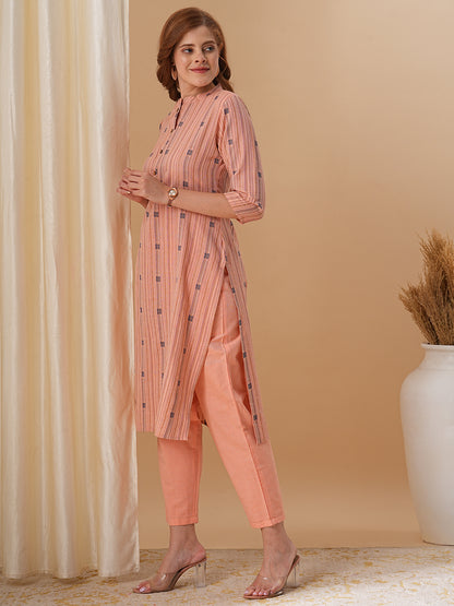 Ethnic Stripes Woven Straight Fit Kurta with Pant - Peach