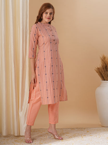 Ethnic Stripes Woven Straight Fit Kurta with Pant - Peach