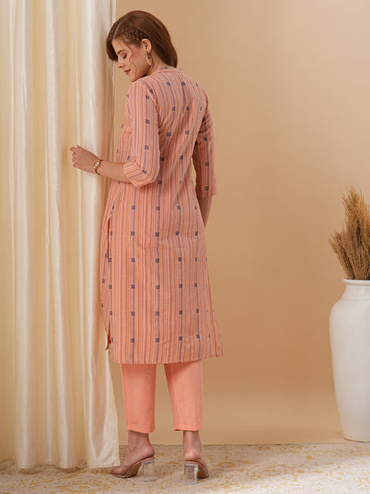 Ethnic Stripes Woven Straight Fit Kurta with Pant - Peach