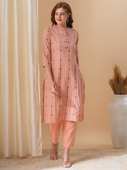 Ethnic Stripes Woven Straight Fit Kurta with Pant - Peach