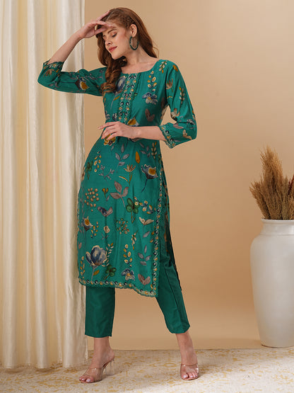 Floral Foil Printed Straight Fit Kurta with Pant - Green