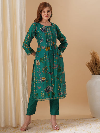 Floral Foil Printed Straight Fit Kurta with Pant - Green