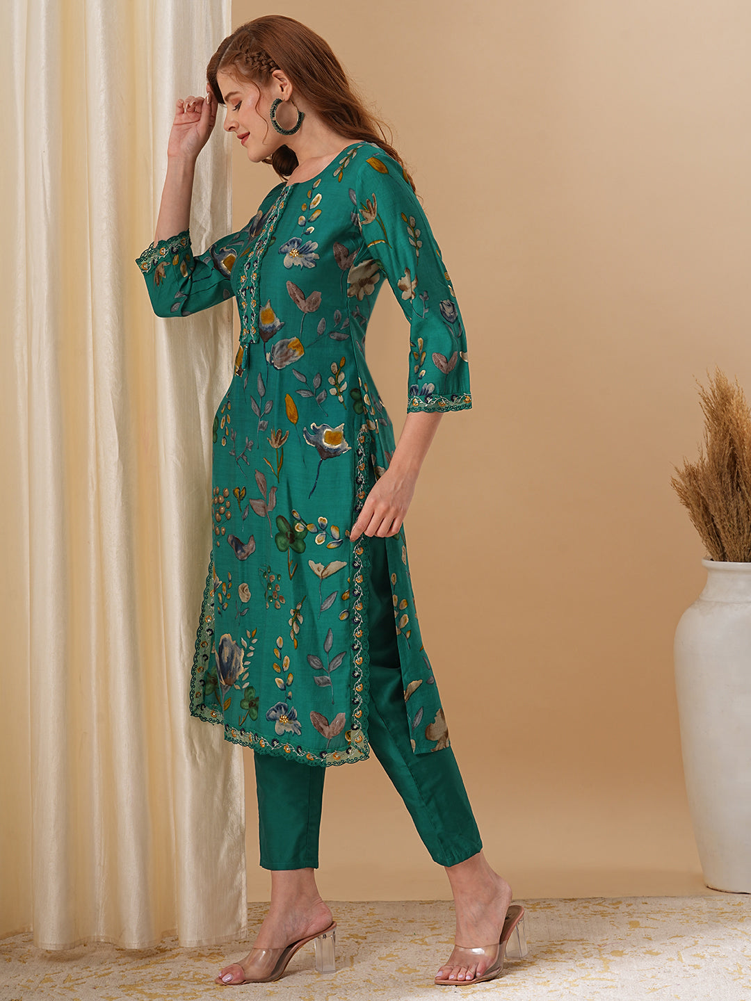 Floral Foil Printed Straight Fit Kurta with Pant - Green