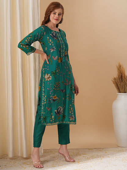 Floral Foil Printed Straight Fit Kurta with Pant - Green