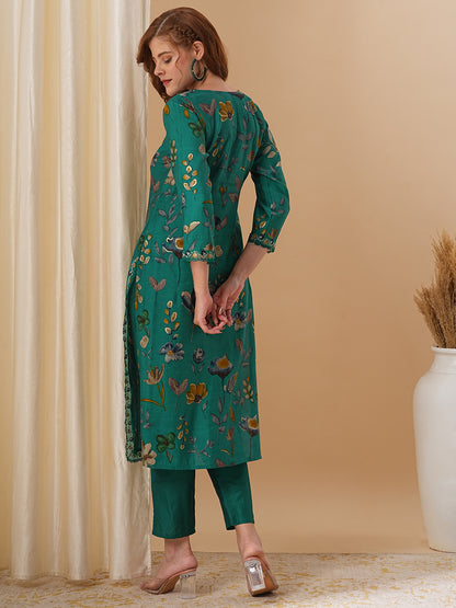 Floral Foil Printed Straight Fit Kurta with Pant - Green