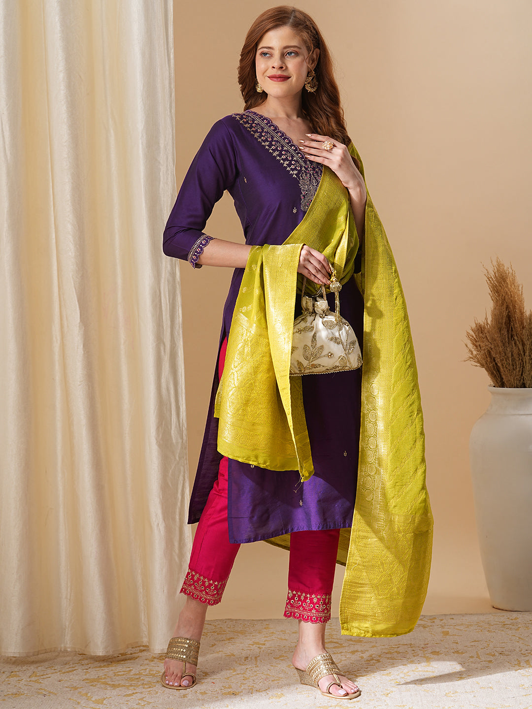 Solid Ethnic Zari Embroidered Straight Fit Kurta with Pant and Dupatta - Purple