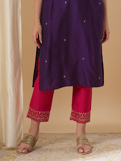 Solid Ethnic Zari Embroidered Straight Fit Kurta with Pant and Dupatta - Purple