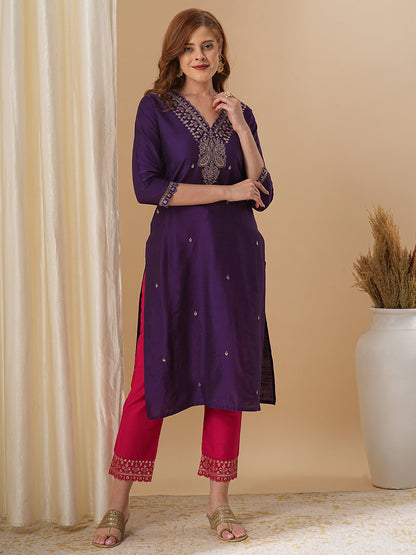 Solid Ethnic Zari Embroidered Straight Fit Kurta with Pant and Dupatta - Purple