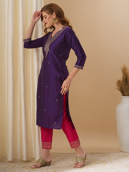 Solid Ethnic Zari Embroidered Straight Fit Kurta with Pant and Dupatta - Purple