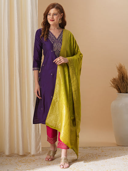 Solid Ethnic Zari Embroidered Straight Fit Kurta with Pant and Dupatta - Purple