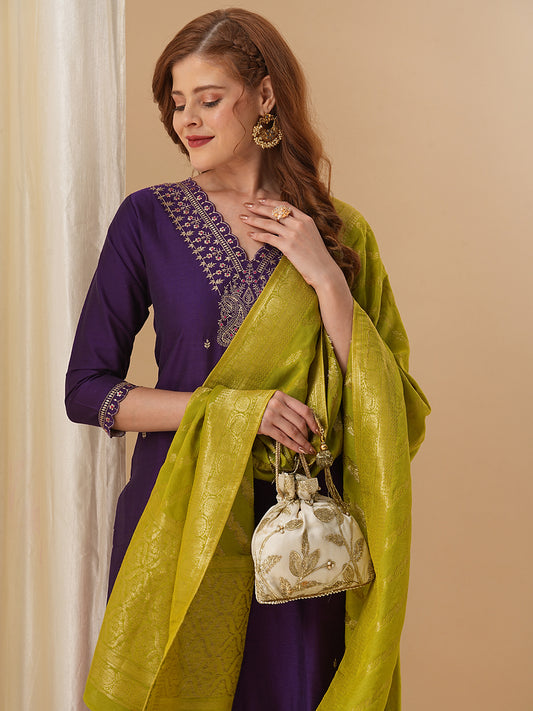 Solid Ethnic Zari Embroidered Straight Fit Kurta with Pant and Dupatta - Purple