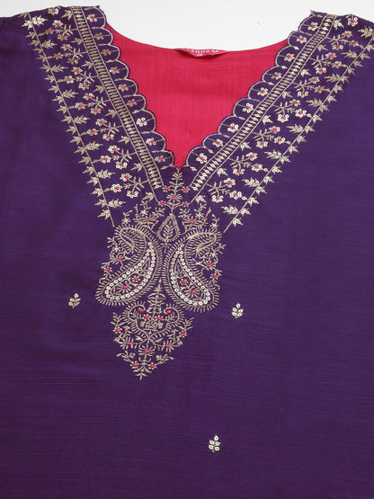 Solid Ethnic Zari Embroidered Straight Fit Kurta with Pant and Dupatta - Purple