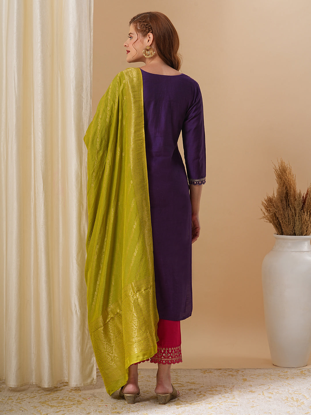 Solid Ethnic Zari Embroidered Straight Fit Kurta with Pant and Dupatta - Purple