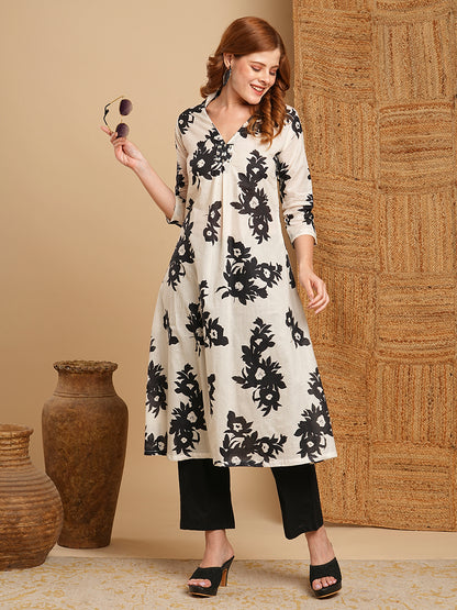 Ethnic Floral Printed A-Line Kurta with Pant - White