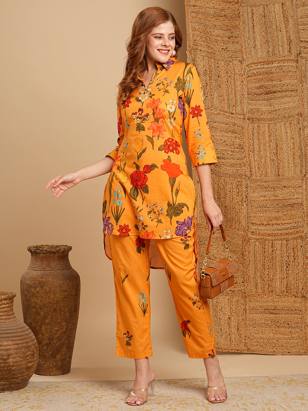 Floral Printed Straight Fit High -Low Kurta with Pant - Orange