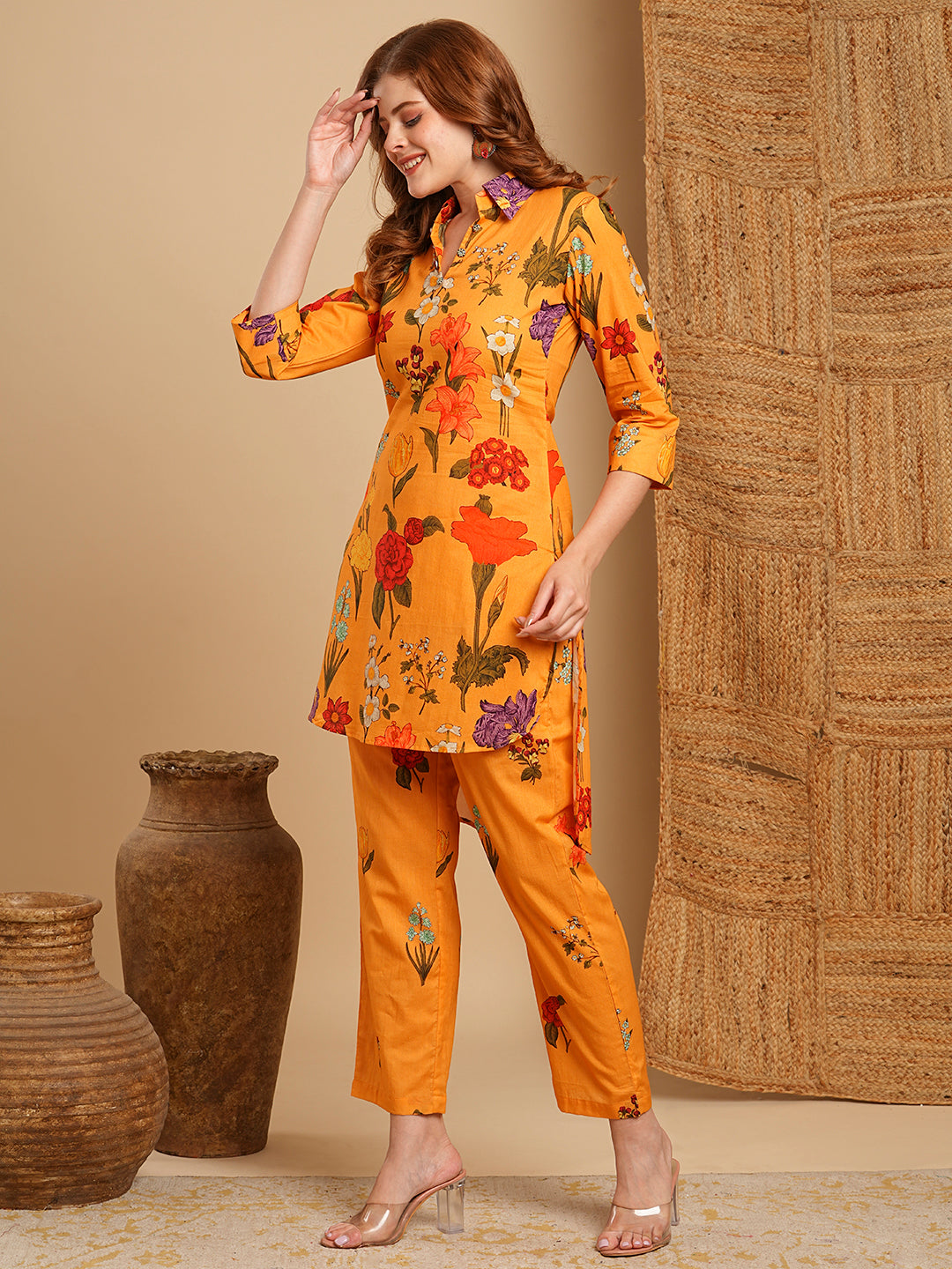 Floral Printed Straight Fit High -Low Kurta with Pant - Orange