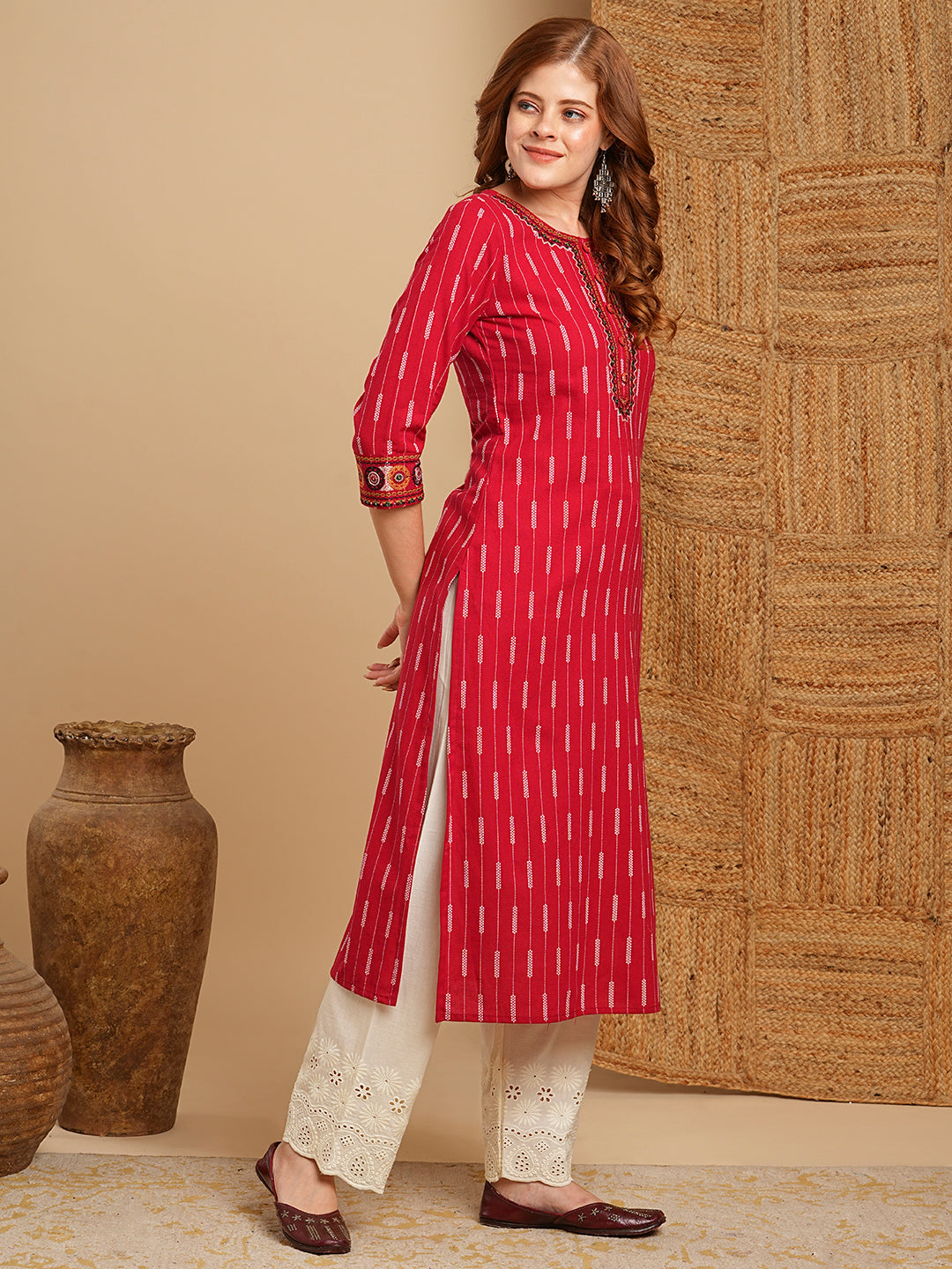 Ethnic Stripes Printed & Embroidered Straight Kurta with Schiffli Palazzo - Red