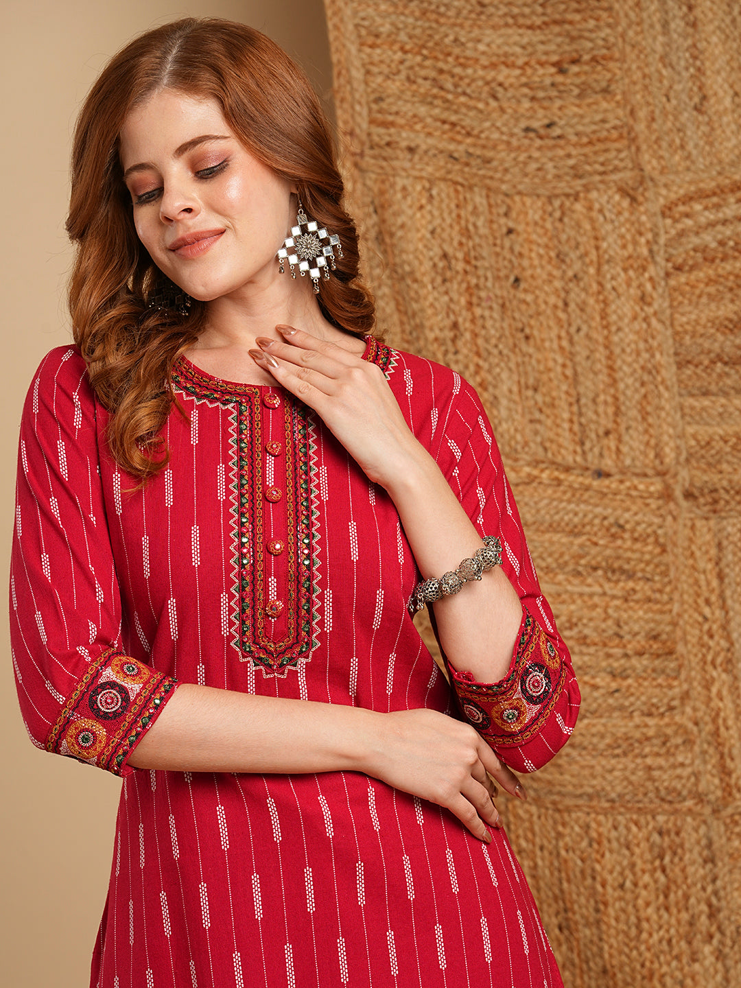 Ethnic Stripes Printed & Embroidered Straight Kurta with Schiffli Palazzo - Red