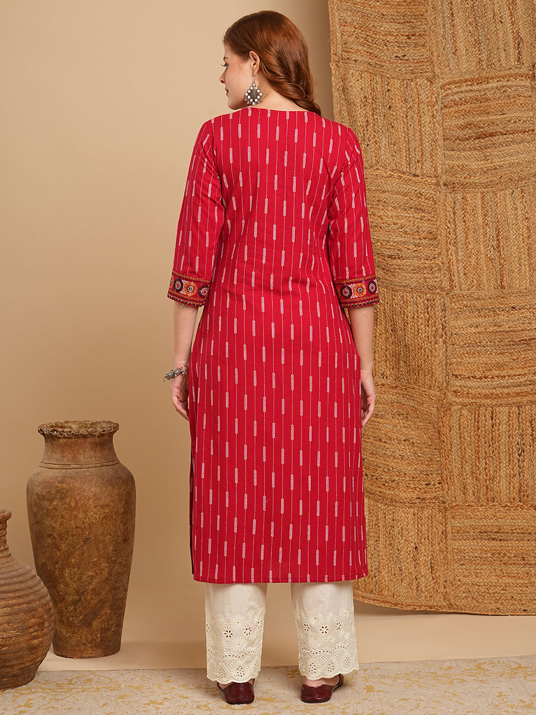 Ethnic Stripes Printed & Embroidered Straight Kurta with Schiffli Palazzo - Red