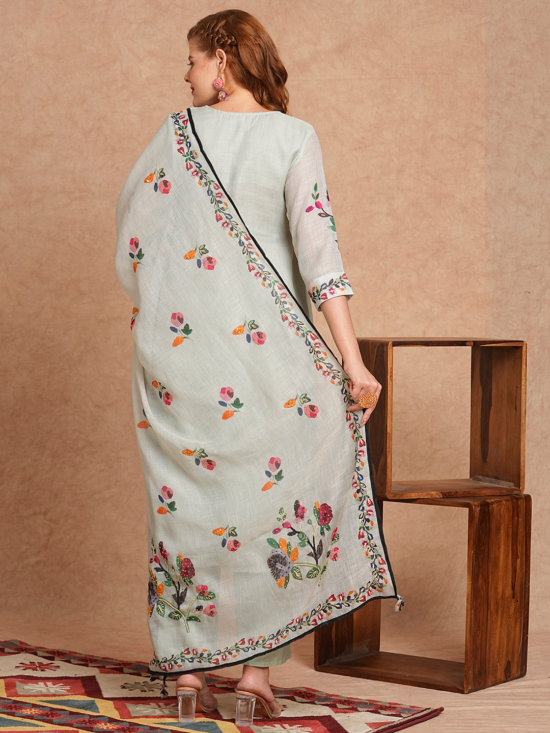 Floral Abstract Printed & Hand Embroidered Kurta with Pant & Dupatta - Mint Green