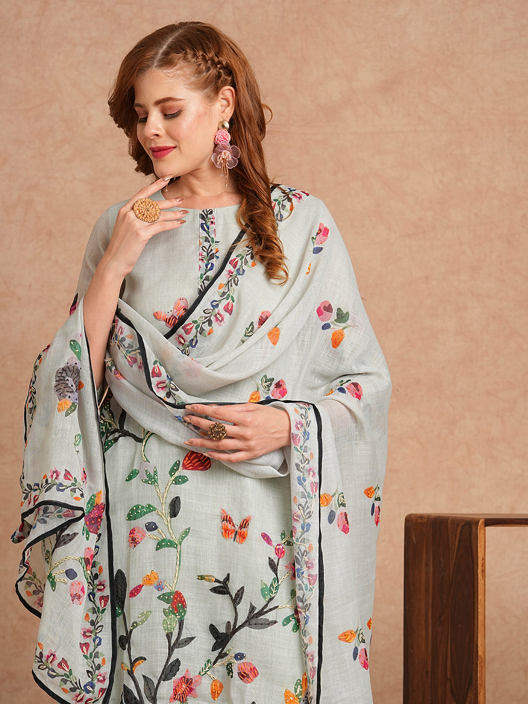 Floral Abstract Printed & Hand Embroidered Kurta with Pant & Dupatta - Mint Green