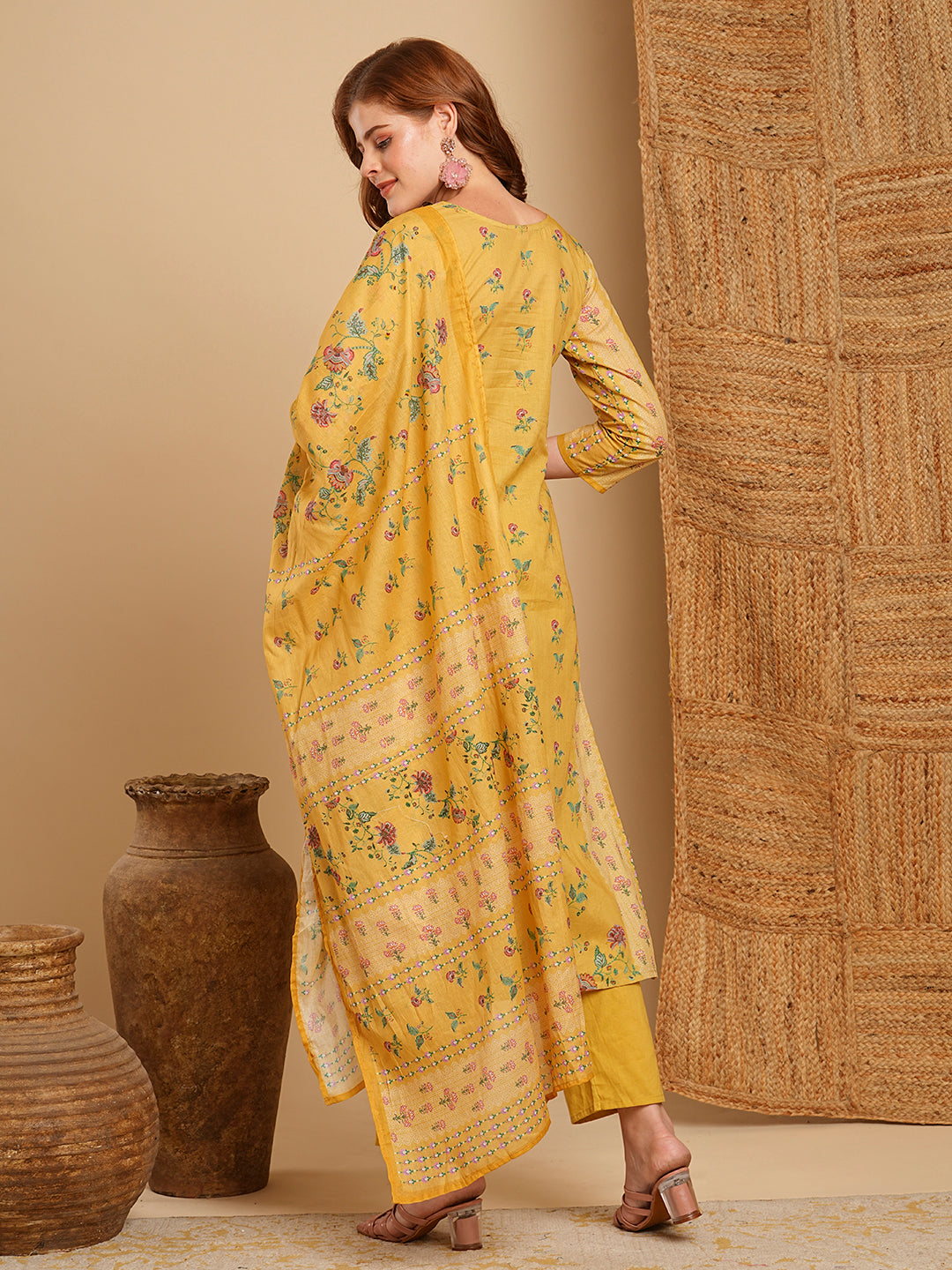 Floral Printed & Embroidered Straight Kurta with Pant & Dupatta - Yellow