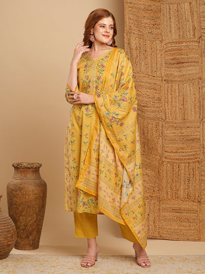 Floral Printed & Embroidered Straight Kurta with Pant & Dupatta - Yellow