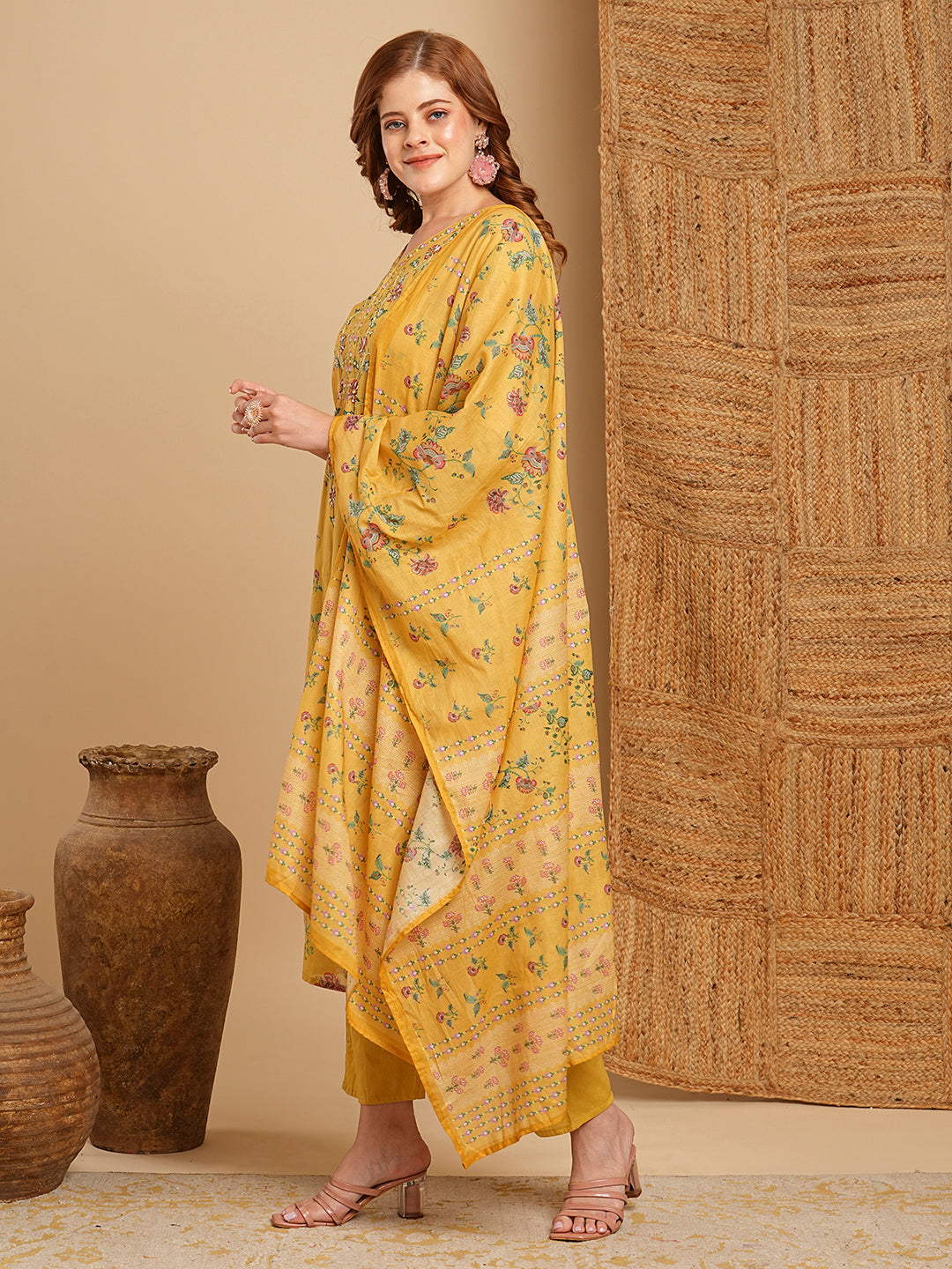 Floral Printed & Embroidered Straight Kurta with Pant & Dupatta - Yellow