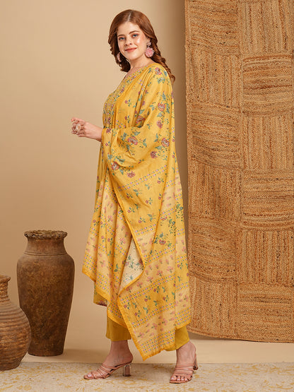 Floral Printed & Embroidered Straight Kurta with Pant & Dupatta - Yellow