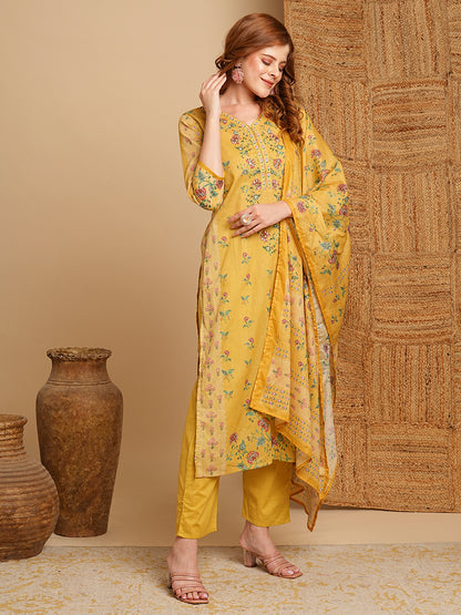 Floral Printed & Embroidered Straight Kurta with Pant & Dupatta - Yellow