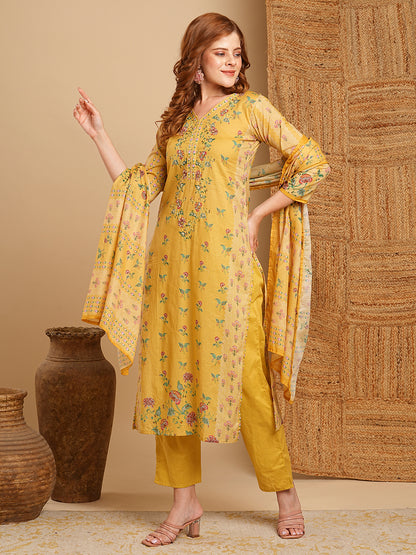 Floral Printed & Embroidered Straight Kurta with Pant & Dupatta - Yellow
