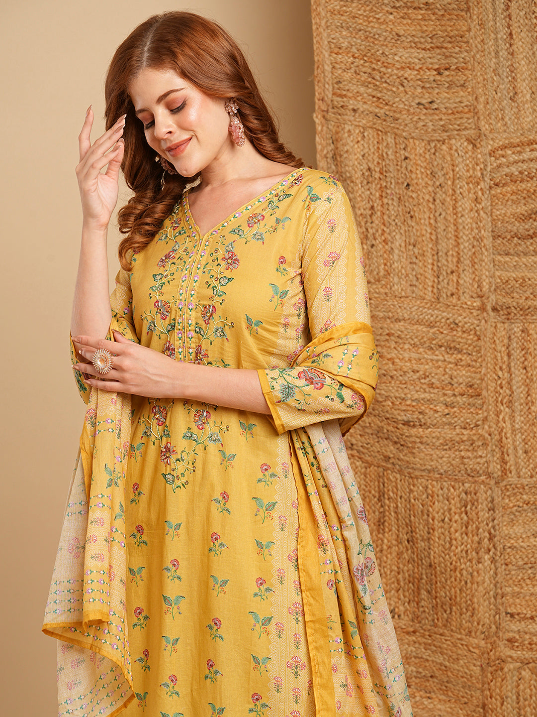 Floral Printed & Embroidered Straight Kurta with Pant & Dupatta - Yellow