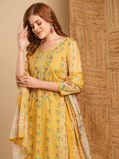 Floral Printed & Embroidered Straight Kurta with Pant & Dupatta - Yellow