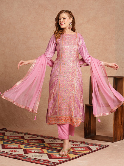 Ethnic Jacquard Woven & Embroidered Straight Fit Kurta with Pant and Dupatta - Pink