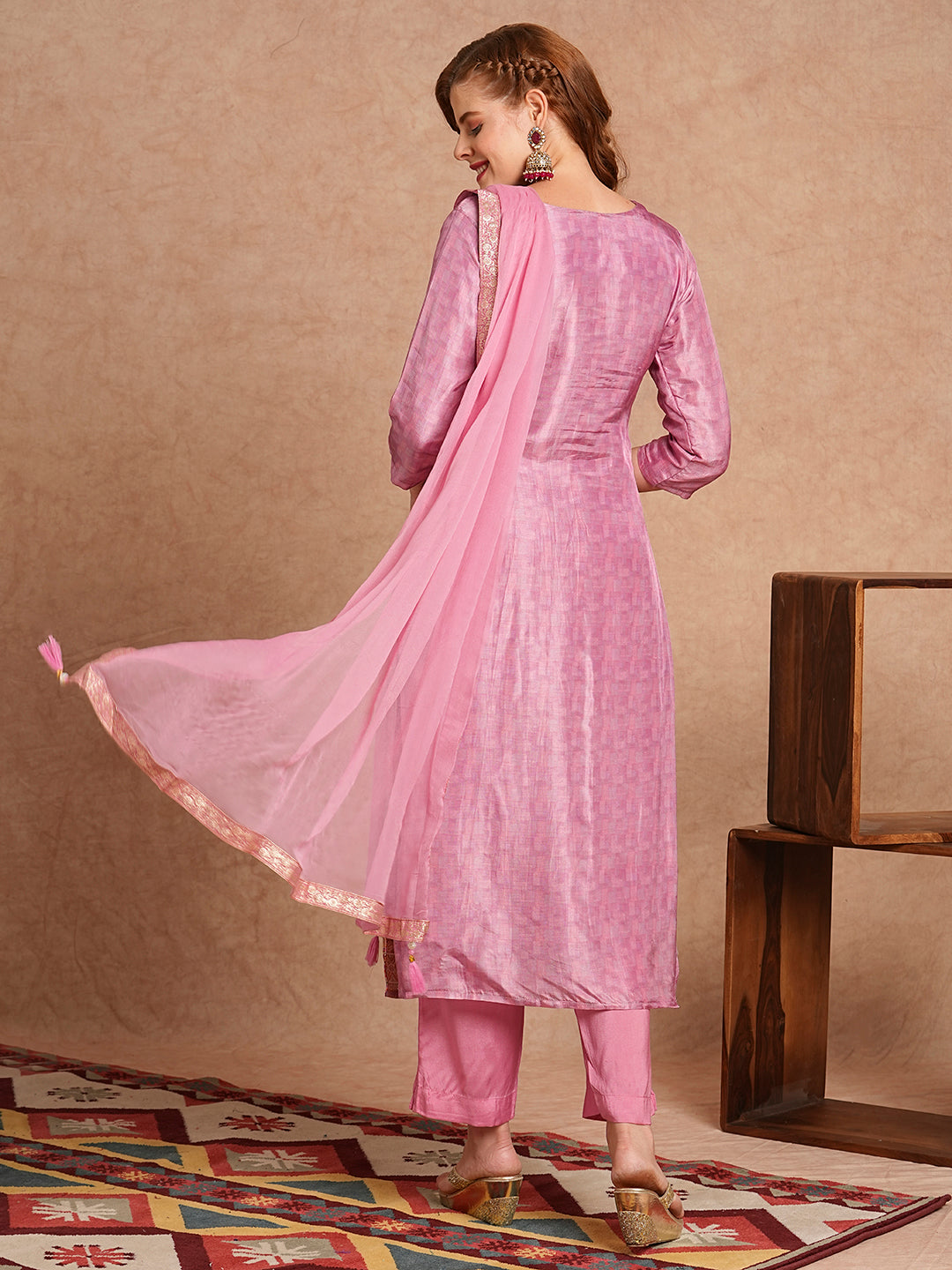 Ethnic Jacquard Woven & Embroidered Straight Fit Kurta with Pant and Dupatta - Pink