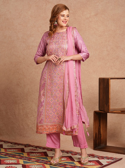 Ethnic Jacquard Woven & Embroidered Straight Fit Kurta with Pant and Dupatta - Pink