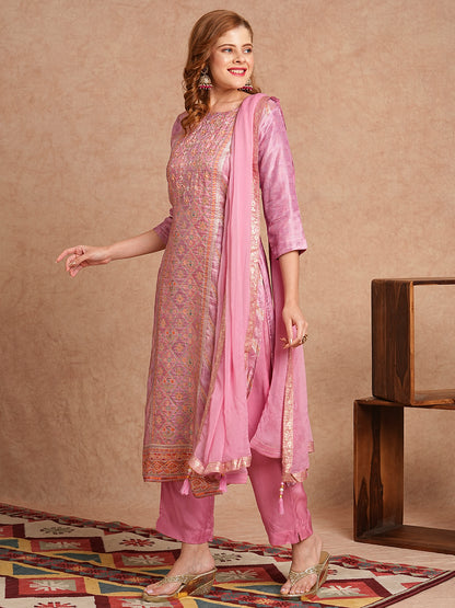 Ethnic Jacquard Woven & Embroidered Straight Fit Kurta with Pant and Dupatta - Pink